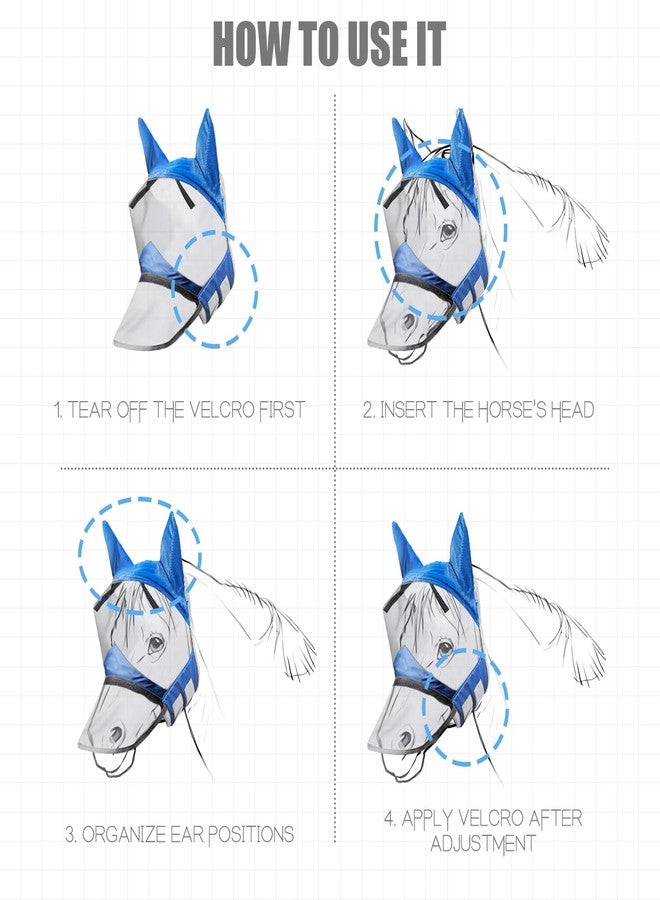 LUOKER Horse Fly Mask,Horse Fly Mask with Nose,Masks for Horses with Ears,Ear Bonnet for Horses,Donkey Mask Fabric with Purple Line Protection Soft Mesh for Horse Summer (Blue, S) - Image 4